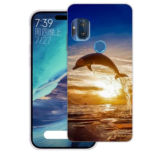 WUACYEAMING Hülle für Motorola Moto One Hyper,Aesthetic Motiv Weiche Silikon Muster TPU Bumper Stoßfest Schutzhülle Transparent Mädchen mit Cover HandyHülle case Pattern-(Delphin)