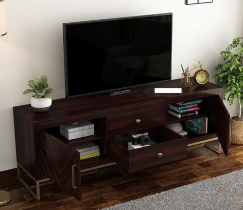 Image of Premium Solid Sheesham Wood TV Unit with 2 Drawers, 4 Shelves, and 2-Door Storage - Accommodates up to 65-Inch TV - Ideal for Living Room (Asher, Walnut Finish)