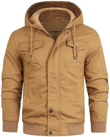 HOOD CREW Herren Freizeit Winterjacken Übergangsjacke Baumwolle Warme Fleece Jacken mit Taschen Cargo Arbeitsjacke mit Kapuze