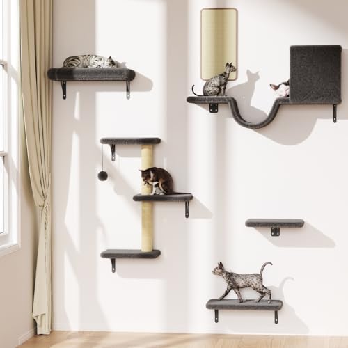 Modern Wall-Mounted Cat Furniture 6Pcs Wall Shelves Set for Indoor Cats Climbing with Cat Scratching Post, Hanging Bed, House, Steps, Tree