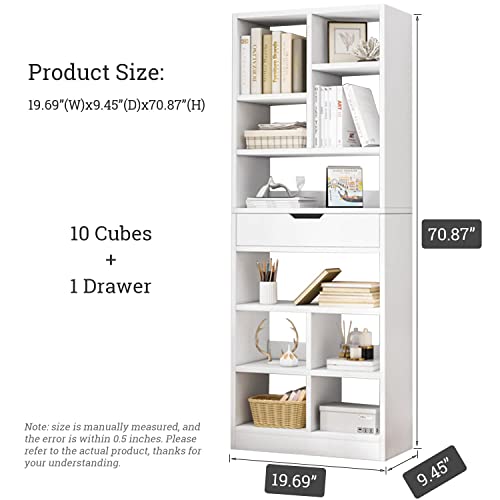 Iotxy Wooden Open Shelf Bookcase - 71 Inches Tall Freestanding Display Storage Cabinet Organizer With 10 Cubes And A Drawer, Floor Standing Bookshelf In Warm White #TOP5