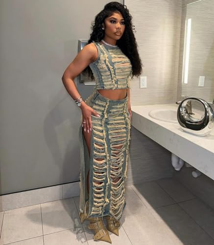 Molilove Women's Summer Denim 2 Piece Outfits Sleeveless Back Zipper Crop Top and Split Long Skirt Set Jean Tracksuit Street2