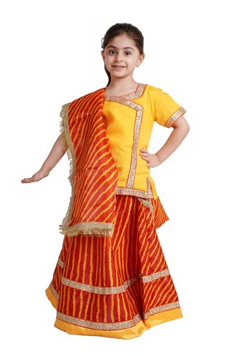 Image of Kaku Fancy Dresses Traditional Radha Costume for Girls - Red & Yellow Lehenga Choli with Dupatta | Indian Mythological Fancy Dress for Janmashtami - 14-17 Years