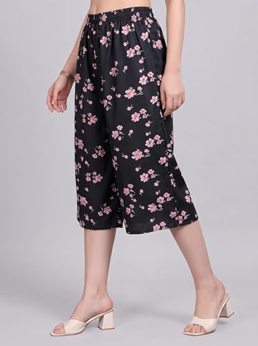 Image of THUMBA Women's Printed Poly Rayon Palazzo Pants | Wide Leg Culottes | Floral & Butterfly Print | Elastic Waist | Casual & Ethnic Wear | S M L XL 2XL 3XL