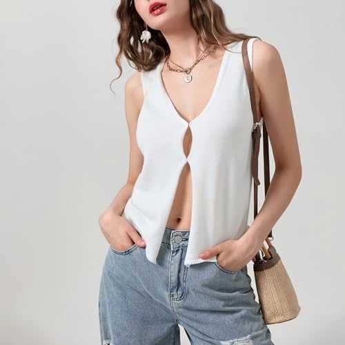 Women Vintage Crochet Vest Tank Top Y2k Sleeveless V Neck Knit Open Front Crop Top Streetwear4