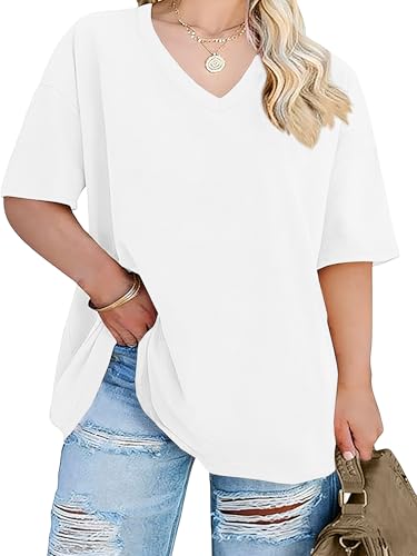Image of VVNTY 95% Cotton Plus Size T-Shirts for Women | Ladies Summer Short Sleeve Loose V Neck Basic Top (White1,3XL)