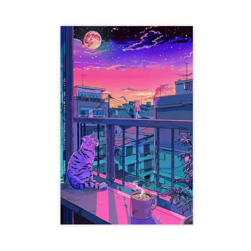 Chat sur le balcon impression sur toile Lo-fi déco murale 61x91 cm