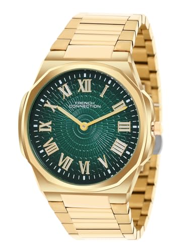 Image of French Connection Textured Green Round Dial with Gold Stainless Steel Strap Watch for Mens - FCN0125GM