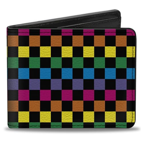 Buckle-Down Men's Wallet, Bifold, Checker Black Neon Rainbow, Vegan Leather, Multi, 4.0