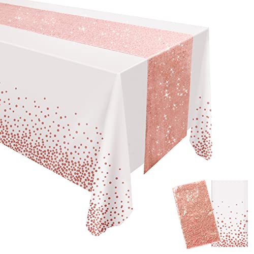 FGSAEOR Rose Gold Tablecloth, 12x108inch Sequins Table Runners and 54x108inch Plastic Table Cloths for Christmas Party Decorations, Sparkling Party Supplies Table Cover for Indoor Outdoor Parties