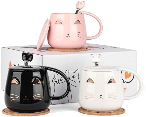 Cat Mugs Set of 3 Cute Ceramic with Lid, Spoon and Coaster - 14.2...