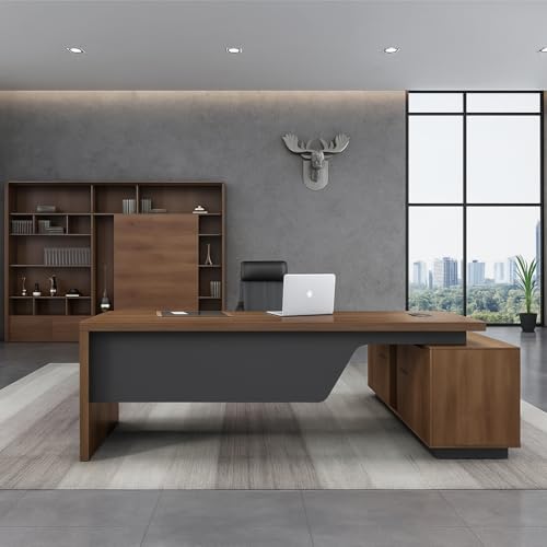 Image of Home & Office Director Table Made in Particle Board with Side Unit L Shape Design Office Desk Multi Drawer Openable Shutter-Brown Color 5-Year Warranty & Free Assembly (LDL-551)