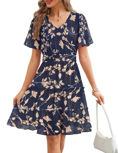 Zattcas Floral Sping Summer Dresses for Women 2026 Short Sleeve V Neck Smocked Casual Flowy Tiered Teacher Work Graduation Wedding Guest Knee Length Dress Navy Blue XL