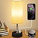 USB Bedside Lamp - Honesorn Nightstand Lamp with Charging Ports,Night Table Lamp for Bedroom,Night Lamp with Pull Chain,Fabric Linen Cylindrical Lampshade, LED Bulb Included