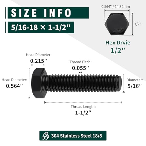 Image of 5 /16-18 x 1-1 /2 inch Hex Head Bolts Black, 304 Stainless Steel 18-8 Hexagon Head Screws Bolts, Black Oxide Finish, Allen Hex Drive, 12 PCS