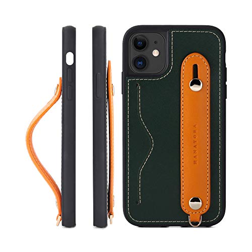 HANATORA,IPhone 11 グリップケース レザー 本革 ストラップ付属 イタリア製牛革 ヌメ革 片手操作 カード収納 スタンド機能 メンズ レディース グリーン/オレンジ CGH-11-Green-OG