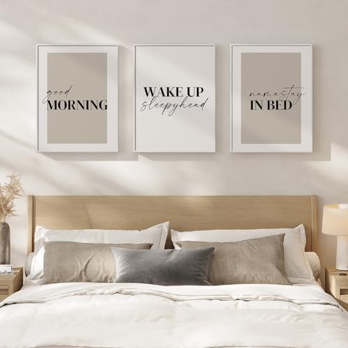 Framed Neutral 3 Piece Wall Art Master Bedroom, Minimalist Modern Painting Print Pictures Canvas Artwork for Walls, Typography Quote Good Morning Nursery Guest Room Wall Decor Above Bed, 12x16 Inch