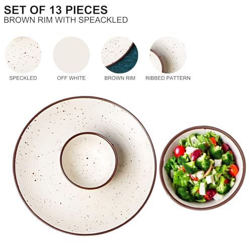 Image of Freakway Handcrafted Off White Stoneware Pack of 13 Pieces Ceramic Dinner Set 6 | Crockery Set for Dining Table | 6 Dinner Plates, 6 Bowl /katori & 1 Serving Bowl | Microwave & Dishwasher Safe