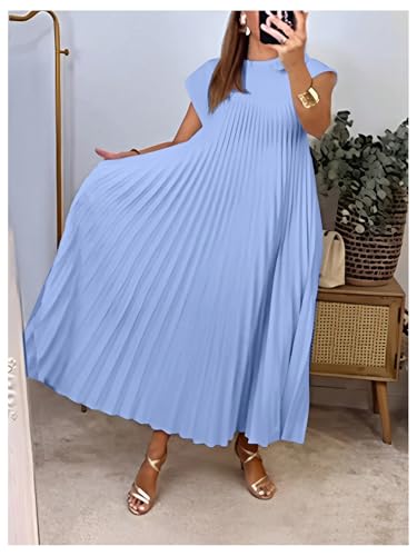 Image of GORGLITTER Women's Pleated Flowy Chiffon Church Dresses Elegant Summer Short Sleeve Wedding Guest Maxi Dress Outfits