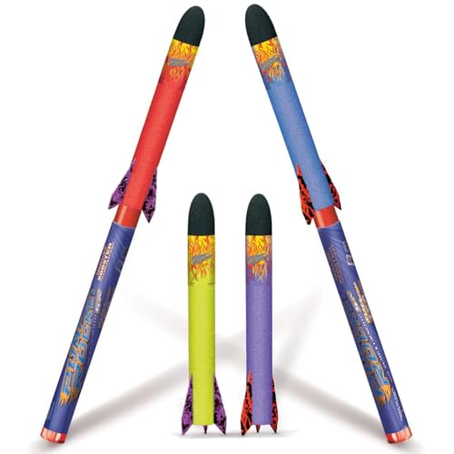 Geospace Hand Held Large Pump Rocket Battle Pack – Flying Foam Rockets Outdoor Toys for Kids, Boys & Girls – 36" Set with 2 Launchers & 4 Rockets Set – Hand Stomper Rocket Toy - Cool Toys for Fun