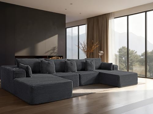 Image of 138 inch Cloud Sectional Couch, Comfort U Shaped Sofa for Living Room, Extra Deep Seats No Assembly, Minimalist Modular Couch, Corduroy (Dark Grey, 6 Seats,U-Shape C)