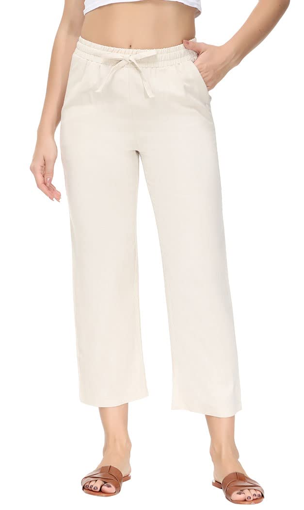 Soojun Womens Linen Blend Drawstring Wide Leg Cropped Pant