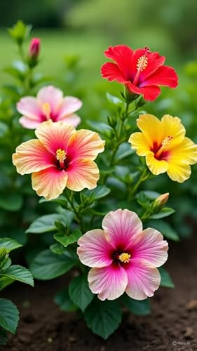 Image of Rainbow Hibiscus Live Plant (Gudhal) | Multicolor Double Petal Flowering Shrub with Pot | Decorative Plant for Home & Garden(Pack of 1)