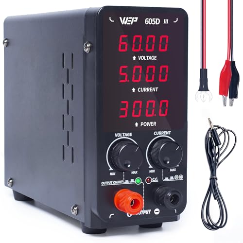WEP 605D-III DC Variable Power Supply 60.00V 5.000A High Precision Bench Lab Power Supply with Alligator Clips for anodizing kit, Electroplating, arduino, breadboard