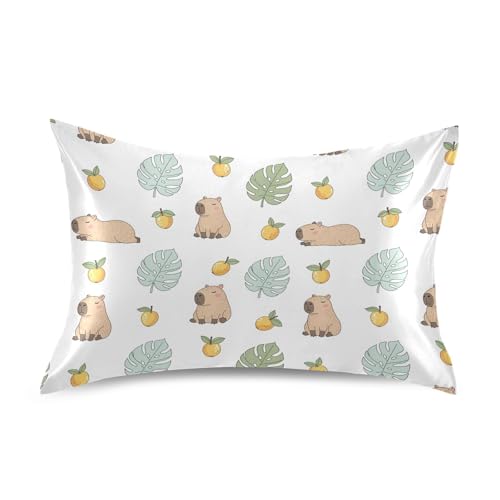 Capybara Cute Pillow Covers Silk Pillowcase for Hair and Skin Cooling Breathable Soft Satin Pillowcase Standard Size Pillow Case for Women Hot Sleepers 20x26in