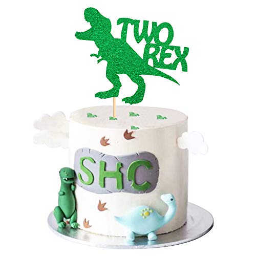 Unimall Dinosaur Two Rex Cake Topper Green Glitter T-Rex 2 Cake Picks Cake Decoration for 2nd Baby Boy Birthday Kids Party Supply Decoration
