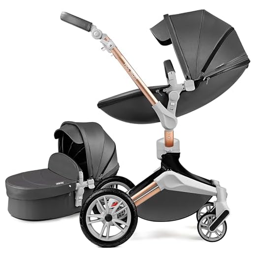 Cochecito de bebé con función de rotación de 360 grados, Sillas de paseo Hot Mom con combinación de asiento y moisés de cuero Pu de alto paisaje, gris 2022 (dark grey gris 2in1)