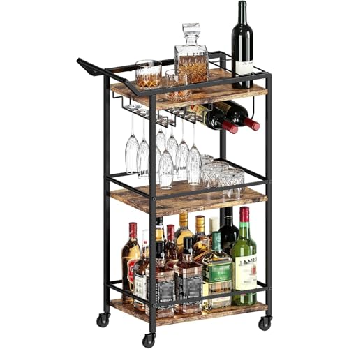 LOTEYIKE 3 Tier Bar Cart, Mini Liquor Utility Cart for Wine Beverage Dinner Party, Rolling Wine Coffee Drink Serving Cart with Lockable Wheels for Home Kitchen Bars (Rustic Brown)