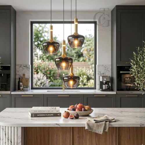 Image of Set of 4-Heads Tapered Cone-Shaped Glass Hanging Pendant Light|Modern Frustum Cluster Ceiling Lamp with Metal Base|Smoke-Glass for Living Room, Dining & Cafe