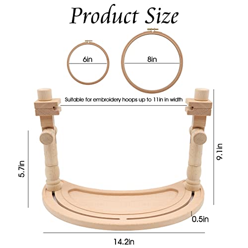 Image of ZOCONE Multifunctional Beech Wood Embroidery Hoop Stand with 2 Pcs 6'' 8'' Embroidery Hoops, Adjustable Rotated Embroidery Stand Cross Stitch Stand, Embroidery Hoop Holder for Embroidery Project (D)