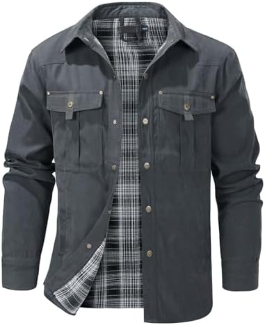 Rousytn Flannel Lined Shirt Jacket for Men Lightweight Snap Button Western Cowboy Shirts Jackets Shacket(Grey-L)