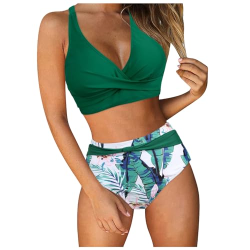 Camiseta Bañador Mujer Bikini de Cintura Alta para Mujer, bañadores sexys de Dos Piezas con realce, Traje de baño Vintage, Conjunto de Bikini Retro Fruncido de Cintura Alta con Camiseta De (Green, S)
