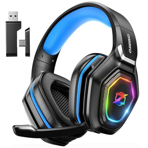 Ozeino 2.4GHz Gaming Headset Wireless with Flip Mic for Ps5, Ps4, PC, Gaming Headphones with RGB Light, 40Hr Battery Bluetooth Headset for Laptop, Mobile, Mac