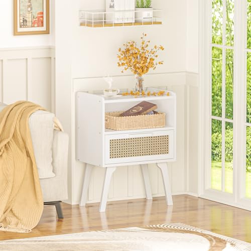 Image of Lerliuo Rattan Nightstand, Bedside Table with Drawer Open Shelf | Cane Accent Side End Table with Solid Wood Legs, White Mid Century Night Stand for Bedroom, Dorm and Small Spaces