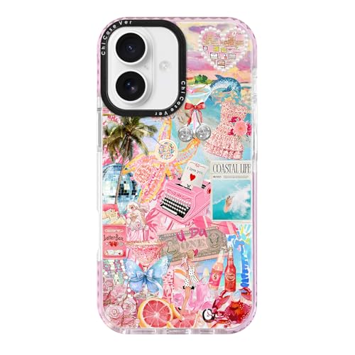 Coque iPhone 16 collage vie côtière rose en TPU fin et souple antichoc compatible MagSafe