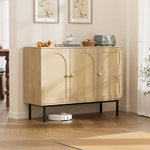 BonVache Buffet en rotin, Armoire de Cuisine avec 3 Portes, Commode avec étagères réglables, Buffet de Salle à Manger, Armoire de Rangement pour Cuisine,...