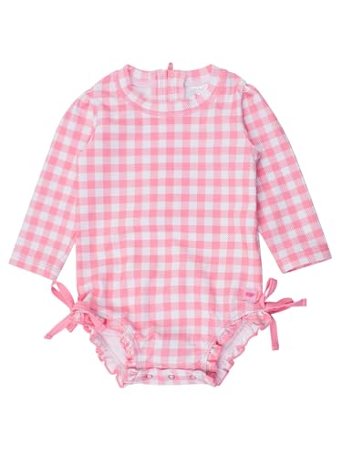 Image of RuffleButts Baby Girls UPF 50+ Sun Protection Gingham Printed Long Sleeve One Piece Rash Guard Swimsuit with Zipper