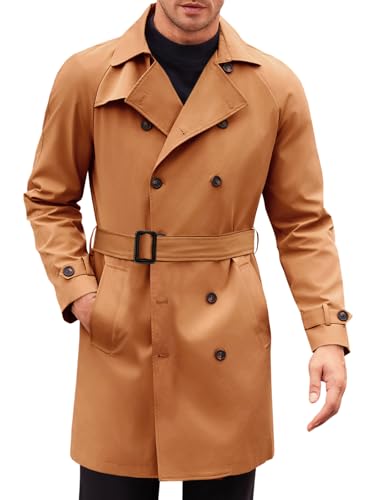 Image of Runcati Mens Trench Coat Double Breasted Mid Long Jacket Casual Belted Overcoat Notched Lapel Windbreaker