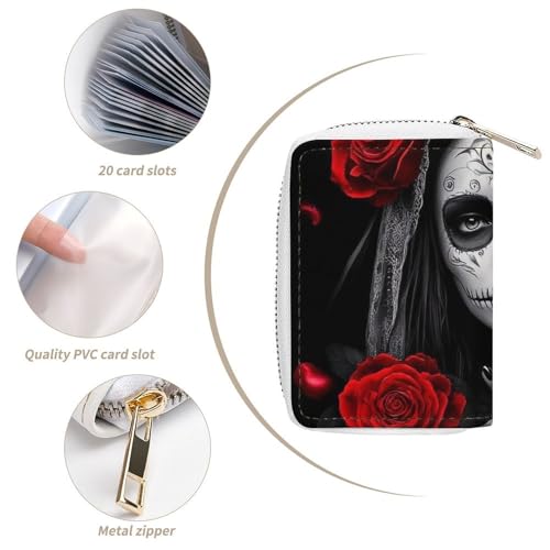 Men Women Credit Card Wallet with 20 Slots, Pu Leather Card Holder Organizer Bag Red Rose Mexican Sugar Skull Women Day of The Dead Art Zipper Slim Wallet4