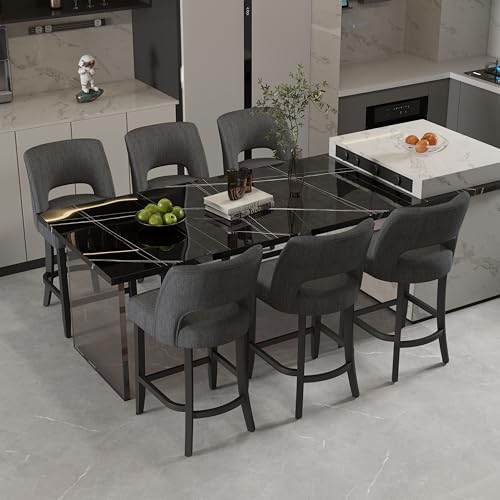 Image of VKNOW Bar Stools Set of 6, 26 inch Upholstered Counter Height Bar Stools | Modern Counter Stools with Black Rubberwood Legs for Kitchen Island Dining Room Bar, Dark Grey-Black Legs