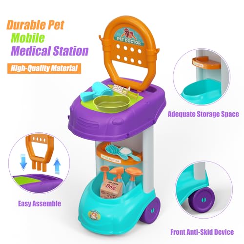 UNIH Vet Doctor Cart(24 pcs) for Toddlers 3-5, Kids Pretend Medical Play Set with Soft Plush Pet,Educational Doctor Play Set,Brithday for Boys Girls