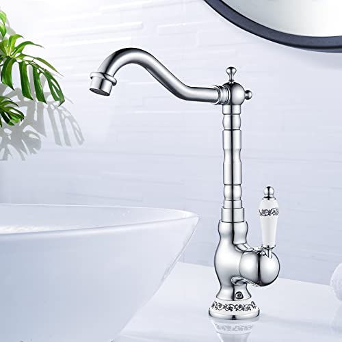 AIMOYO Grifo de baño retro alto con caño giratorio de 360°, monomando para baño, grifo mezclador de latón, grifo mezclador de latón frío y caliente, cromo, G3/8