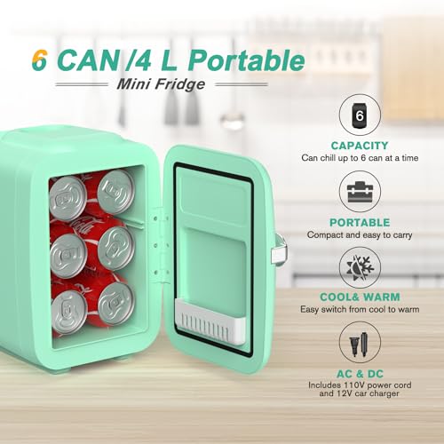 CROWNFUL Mini Fridge, 4 Liter/6 Can Portable Cooler and Warmer Personal Refrigerator for Skin Care, Cosmetics, Beverage, - Additional View