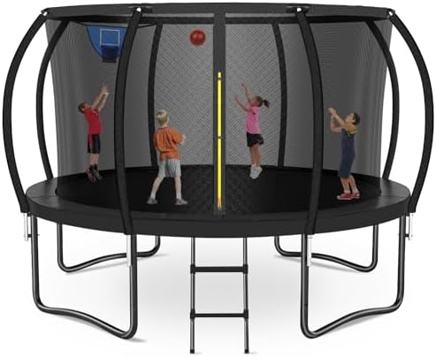 Zevemomo 12 FT Outdoor Kids Trampolines, 12 FT Trampoline with Basketball Hoop & Net, Coating Frame, Heavy Duty Pumpkin Trampolines, Black
