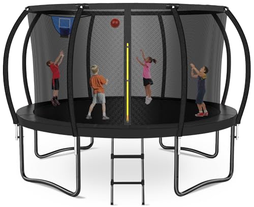 Zevemomo 12 FT Outdoor Trampoline with Basketball Hoop, 12FT Large Heavy Duty Trampoline with Jumping Mat, Pumpkin Curve Poles, Safety Net, Ladder for Kids & Adults