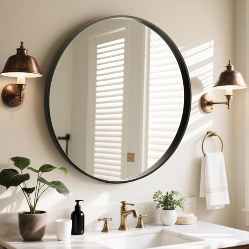 Image of WallBeyond Round Wood Mirror, 32 inch Round Modern Decoration Large Circle Wall Mirror for Bathroom Living Room Bedroom Entryway, Black